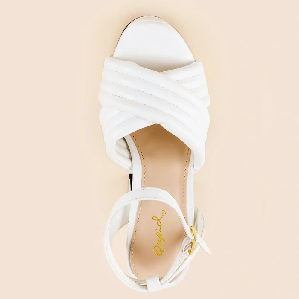 Qupid‎ White Quilted Platform Block Heel Ankle Strap Sandals